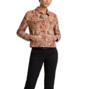 Chico’s Women's Tan Terra Cotta European Cityscape Print Jean Style Jacket Sz 2